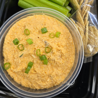 High Protein Buffalo Chicken Dip with Celery and Tortilla Chips