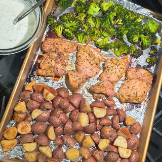 Lemon Garlic Chicken Thighs with Roasted Potatoes and Broccoli