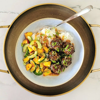 Sweet and Spicy Sesame Meatball Bowl with Peach Cucumber Salad