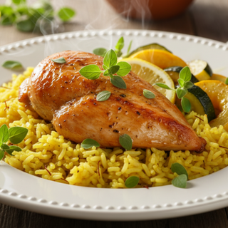 Macro Meal: Greek Herb Chicken with Yellow Rice & Roasted Vegetables