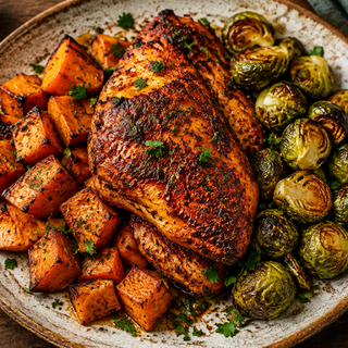 Macro Meal: Smoky Paprika Chicken with Sweet Potatoes & Brussel Spouts