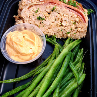Bacon-Wrapped Buffalo Ranch Chicken Meatloaf with Green Beans