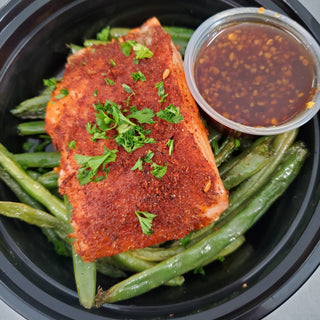 Honey Garlic Glazed Salmon with Roasted Green Beans and Potatoes